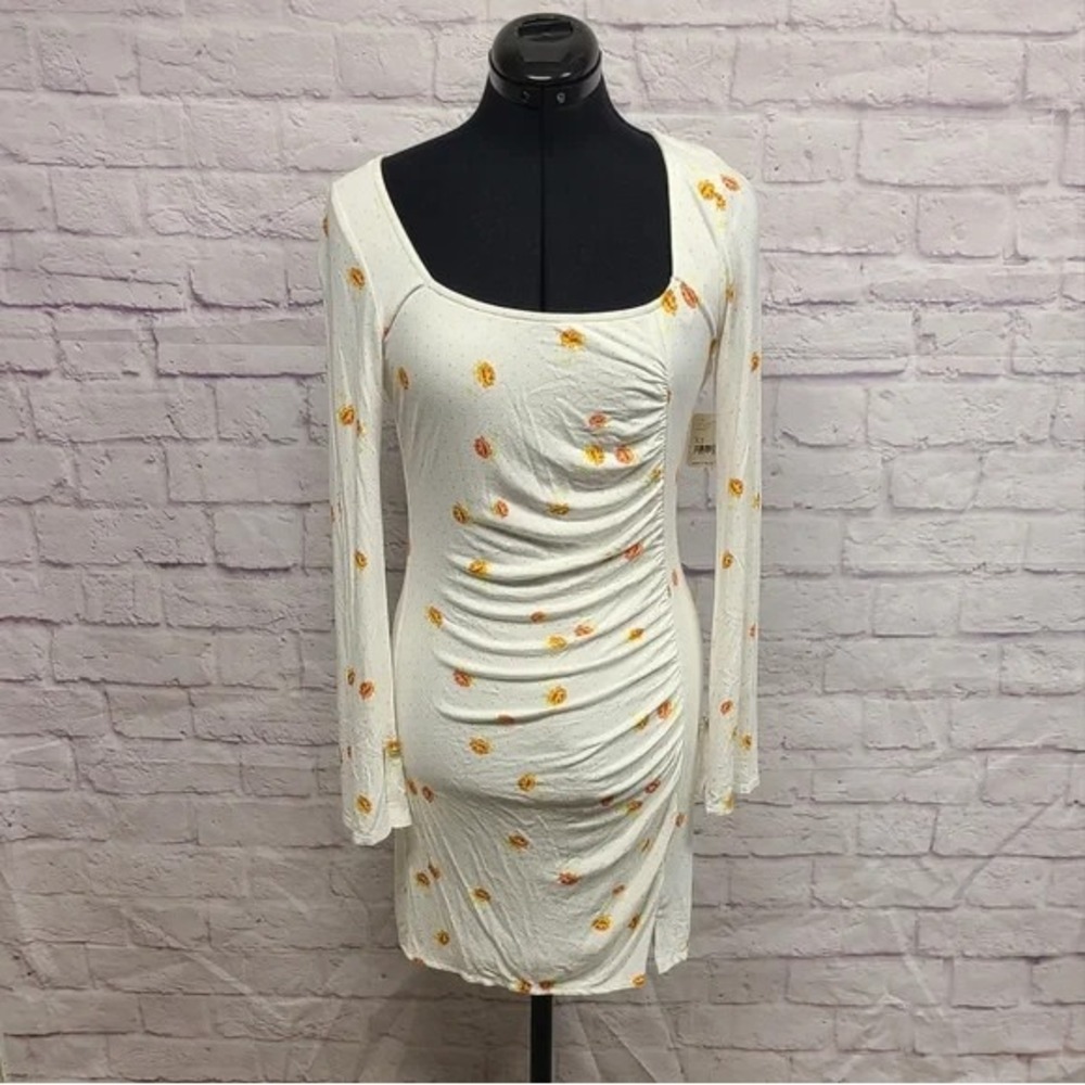Free People Ivory Floral Polka Dot Ruched Long Sleeve Mini Dress